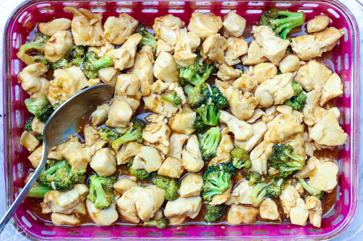 overhead view of whole casserole dish of paleo aip general tso's chicken