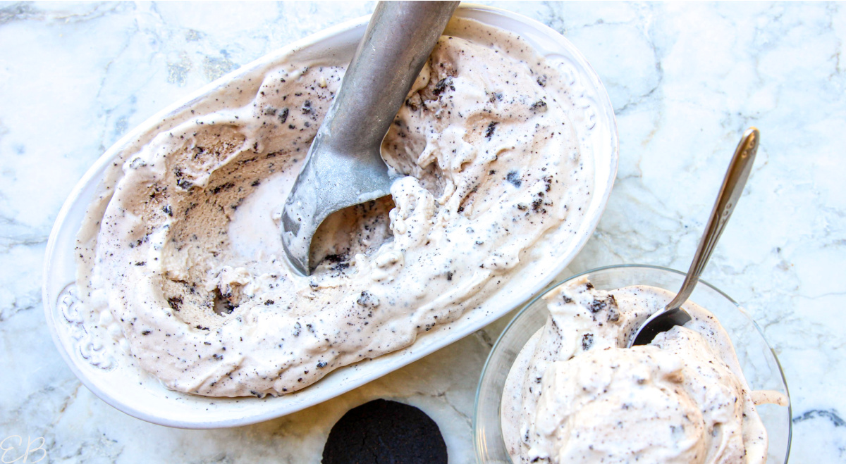 overhead view of scooped paleo cookies and cream ice cream and mostly empty dish