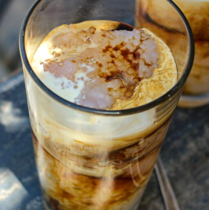 close up view of tapioca float with cream, coffee and maple syrup