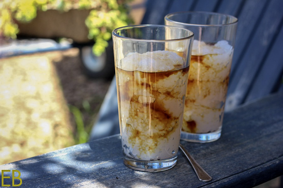 side view of tapioca floats with maple syrup and water