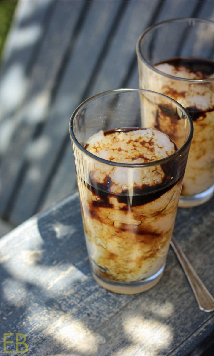 side angle view of tapioca floats with maple syrup and coffee poured over