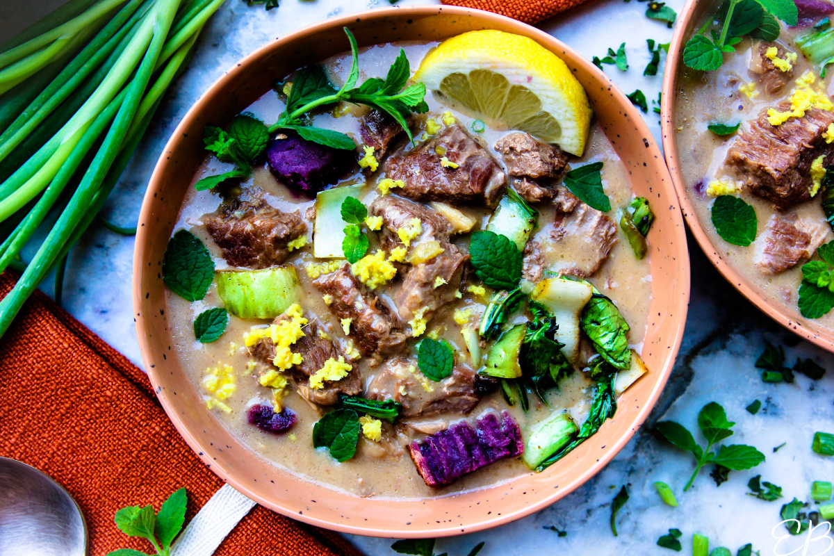 overhead view of Low-FODMAP Beef Curry Stew