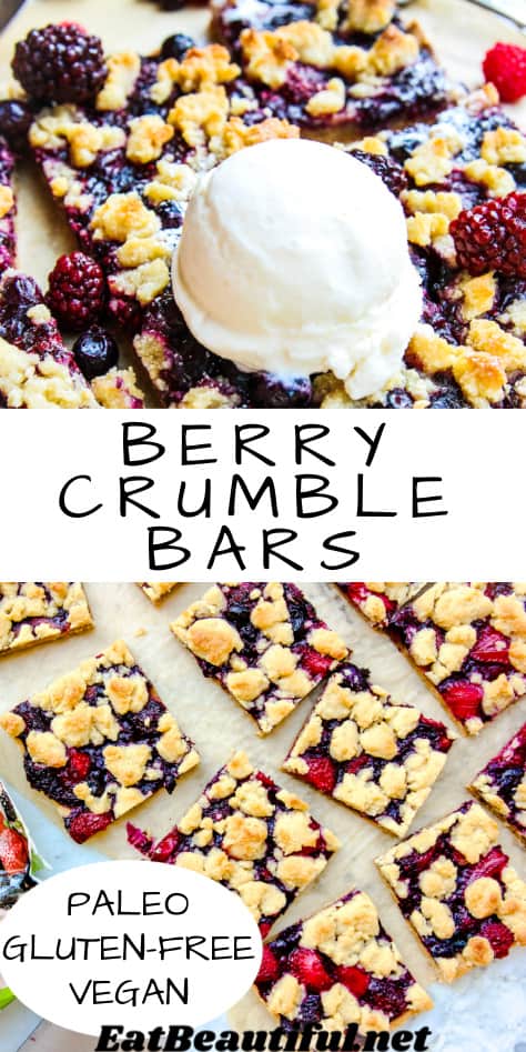 2 images of berry crumble bars, one with ice cream on top