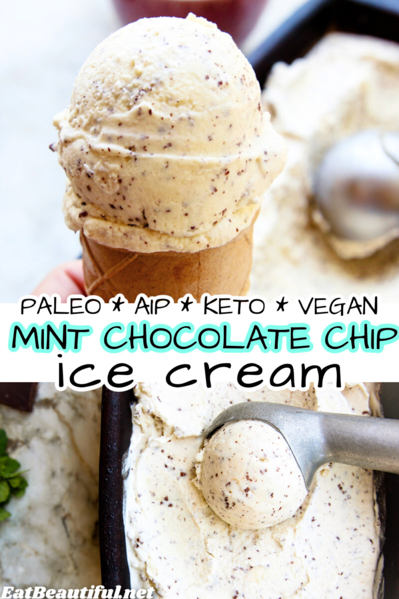 ice cream cone with paleo mint chocolate chip ice cream + a photo of the scooping process with recipe title
