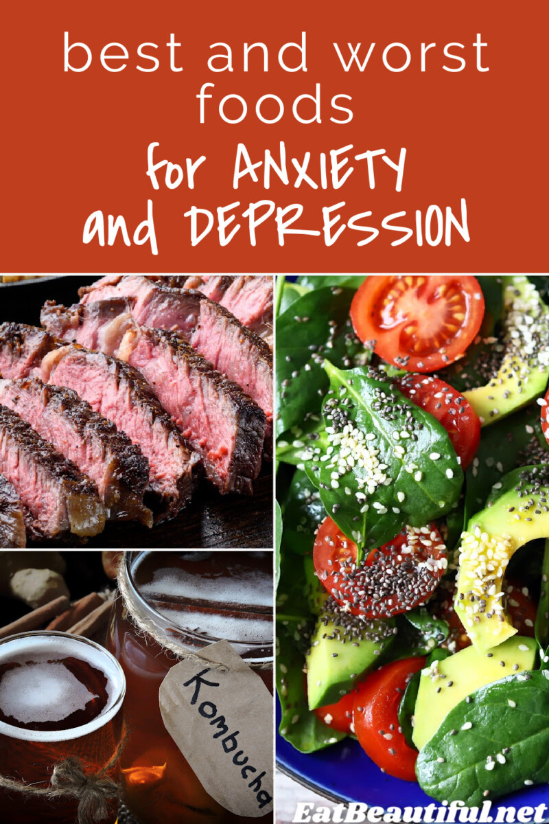 3 images of foods high or low in vitamin a or estrogenic seeds and article title re anxiety and depression