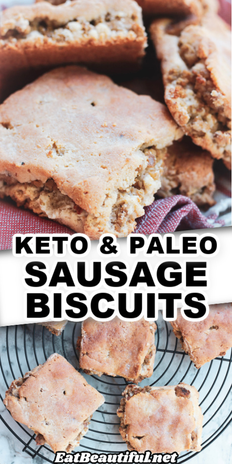 2 images of keto paleo sausage biscuits with recipe title in the center