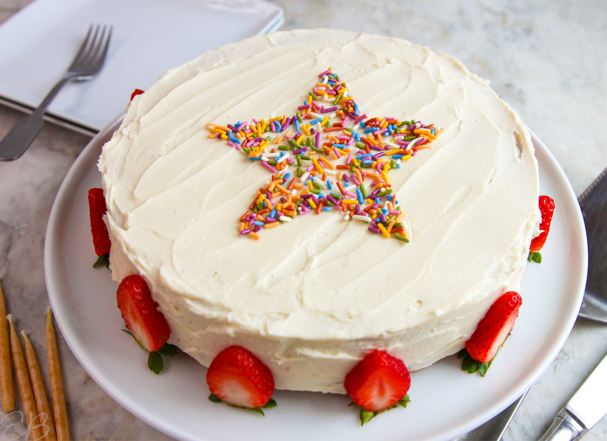 overhead view of decorated aip birthday cake