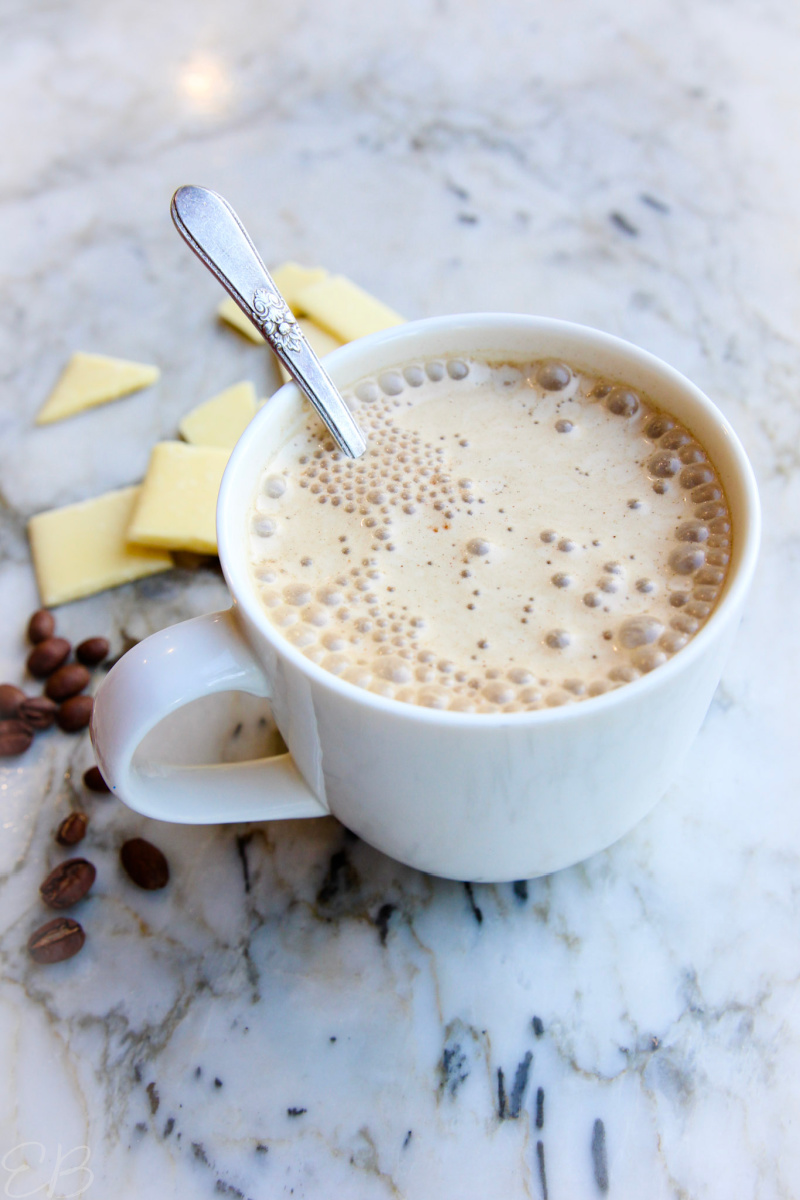 angled photos of cocoa butter bulletproof coffee with cocoa beans