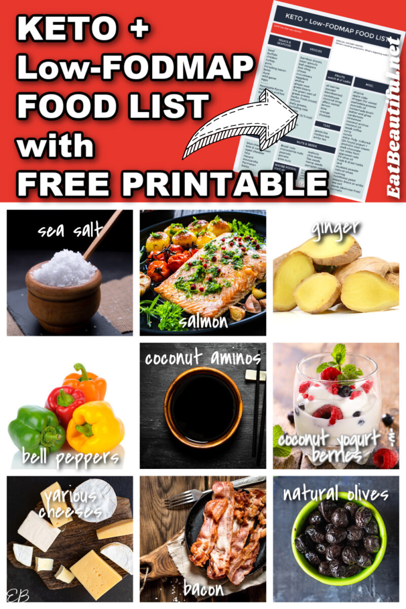 keto low fodmap food list wording with collage of the foods