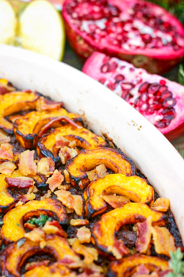 close-up side angle view of AIP Apple, Pork and Bacon BREAKFAST CASSEROLE with Delicata Squash in casserole dish