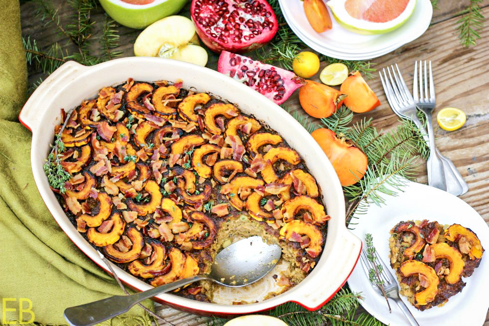 overhead view of AIP Apple, Pork and Bacon BREAKFAST CASSEROLE with Delicata Squash