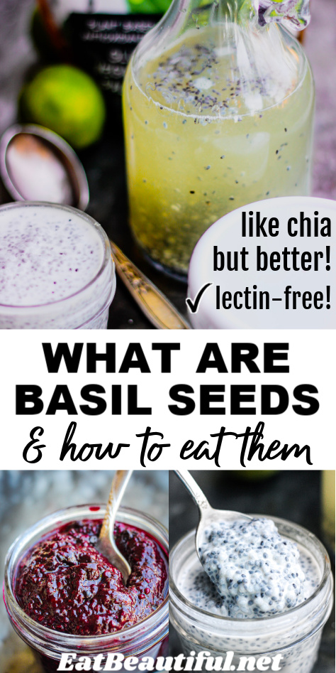 3 photos of basil seeds and foods they can make with post title: what are basil seeds & how to eat them