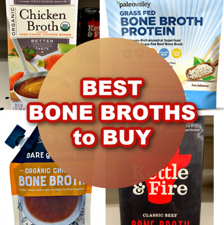 4 bone broth containers with Best Bone Broths to Buy title