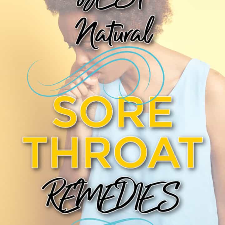 woman coughing with words of article title: Best Natural Sore Throat Remedies