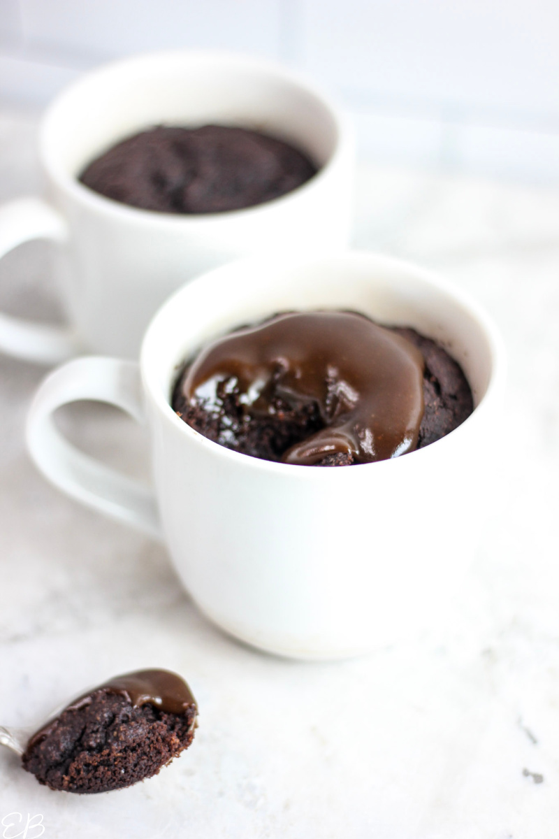 2 aip chocolate caramel mug cakes with a spoonful of cake