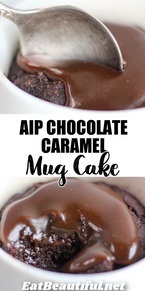 2 images of aip chocolate caramel mug cakes with one bite out