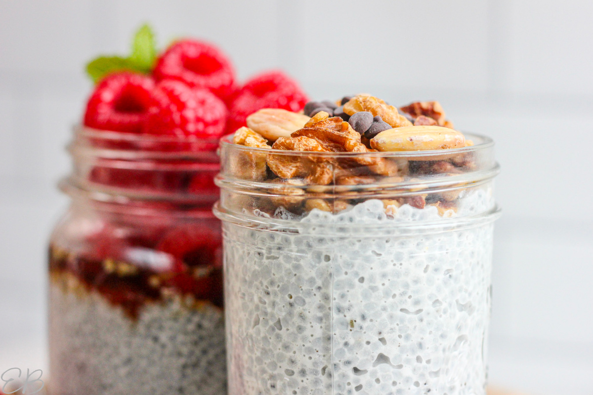 2 jars of basil seed pudding with toppings