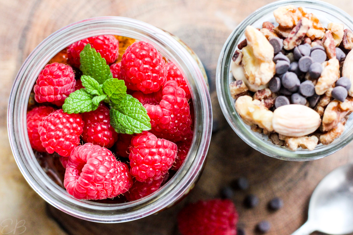 overhead view of puddings with toppings