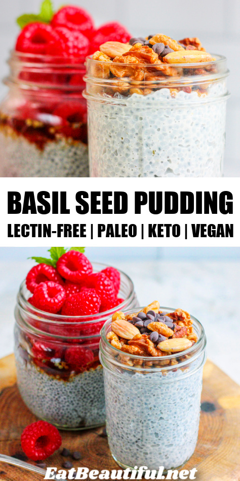 2 images of basil seed pudding with toppings