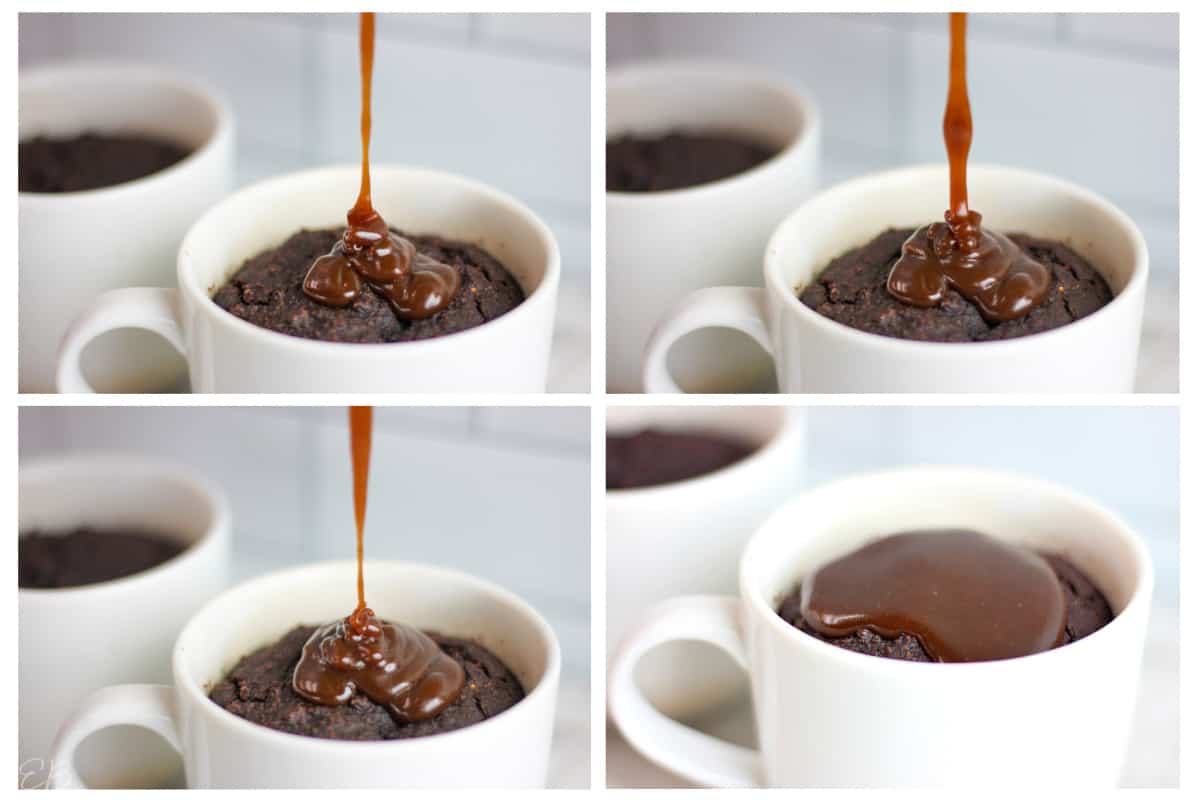 4 process photos of pouring caramel on paleo vegan chocolate mug cakes