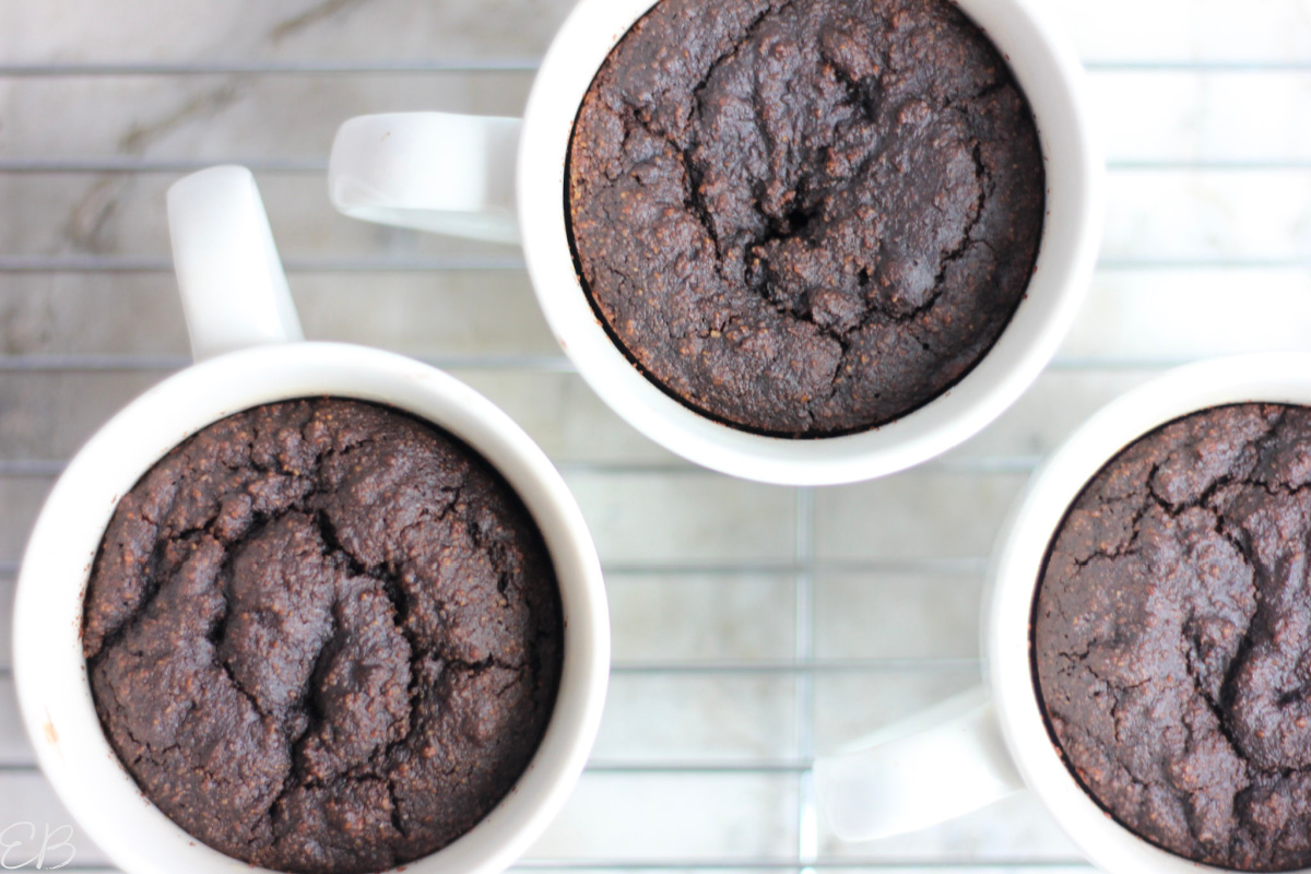 overhead view of 3 mug cakes cooling