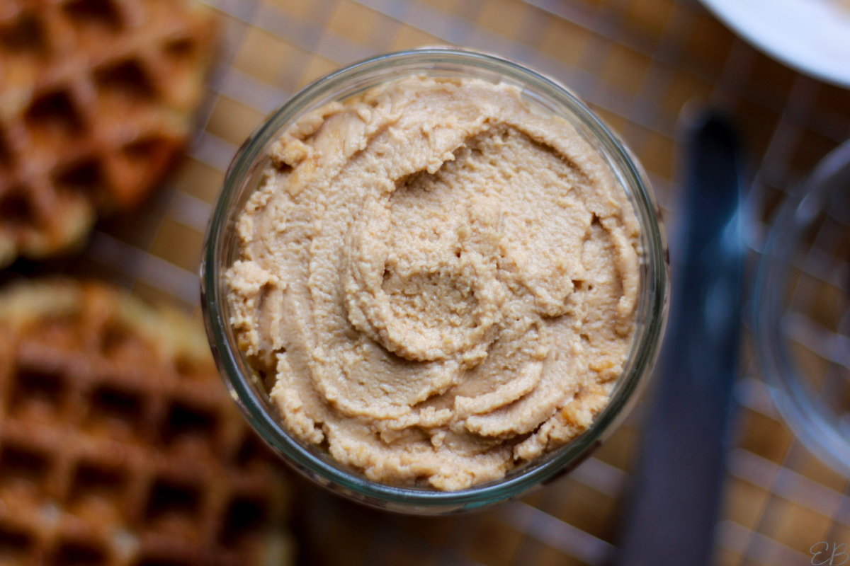 overhead view of fermented peanut butter in a jar