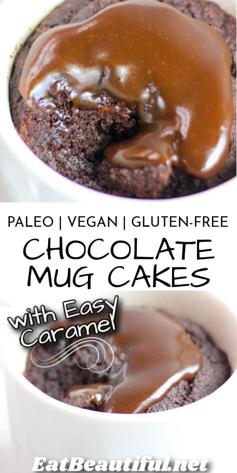 2 mugs with bites out of paleo chocolate caramel mug cakes