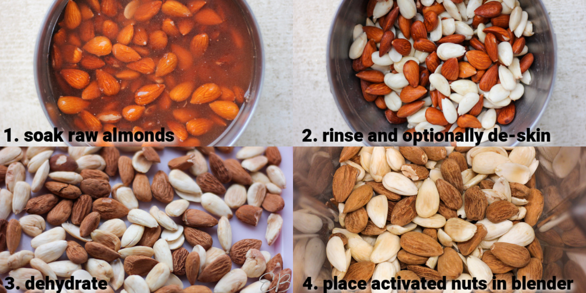 4 photos of preparing and soaking almonds before making Fermented Almond Butter