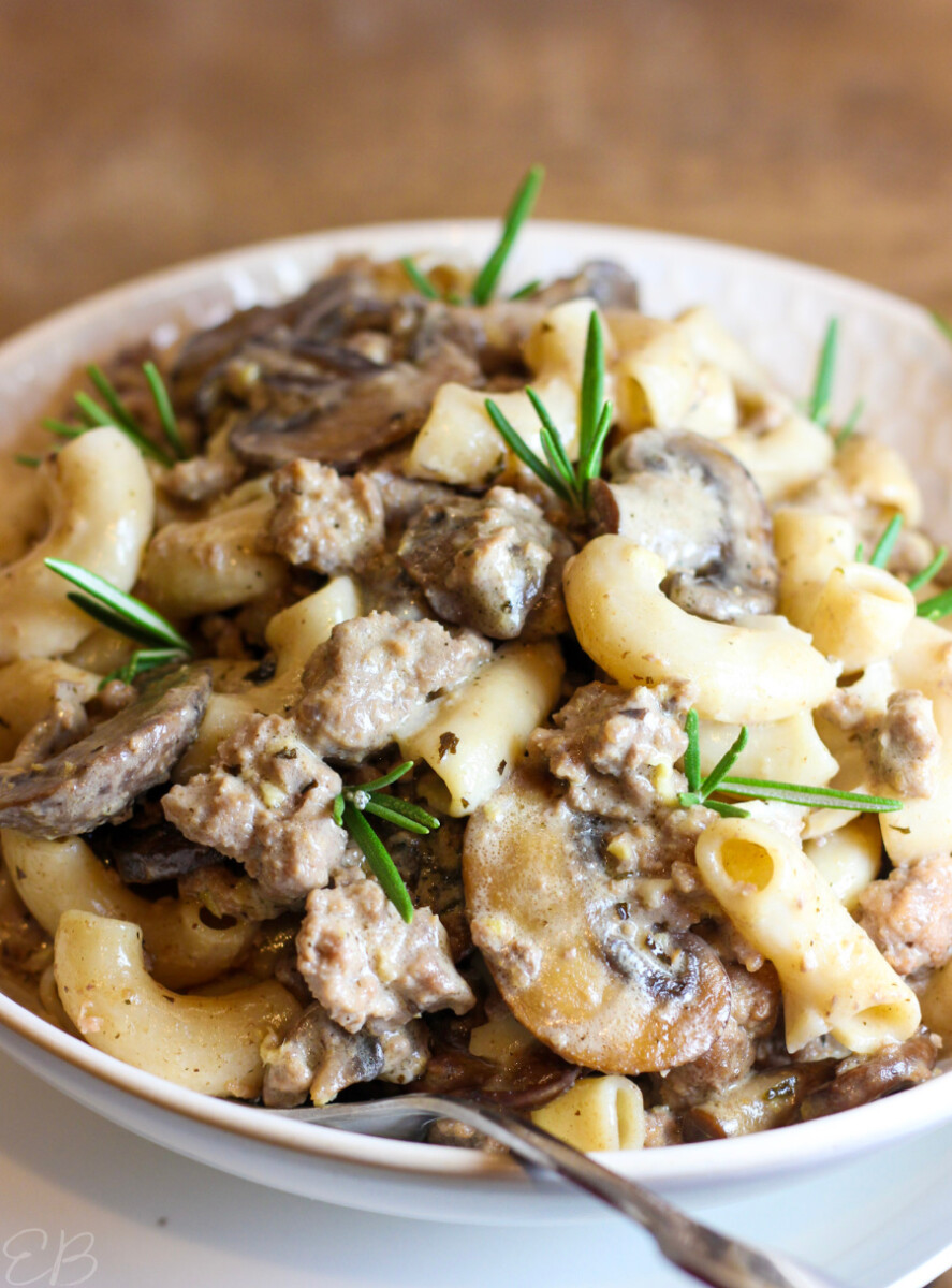 paleo aip hamburger macaroni served in white dish with fork