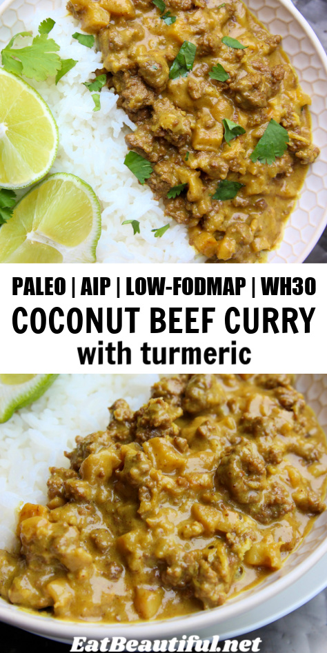 two up close photos of paleo aip coconut beef curry with turmeric