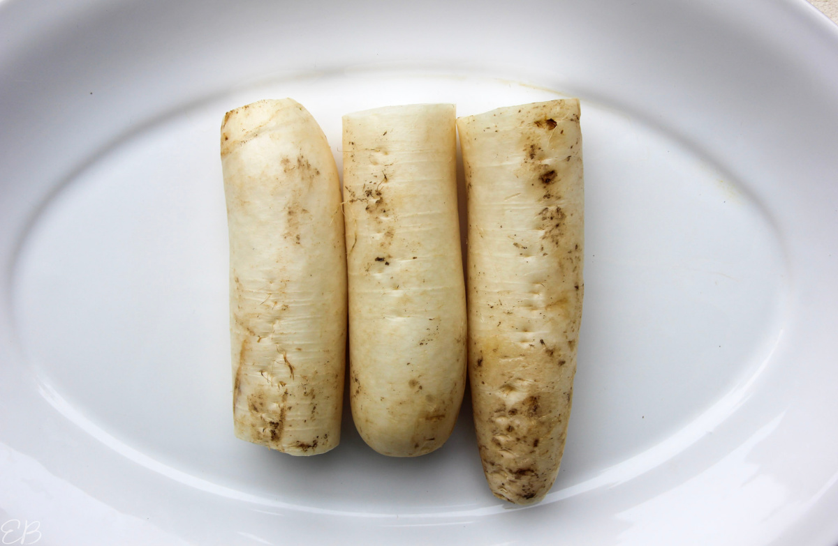 3 lengths of daikon radish on a white platter