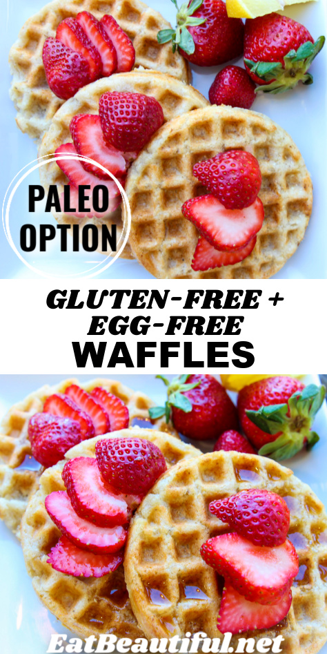 2 images of gluten free egg free waffles topped with strawberries