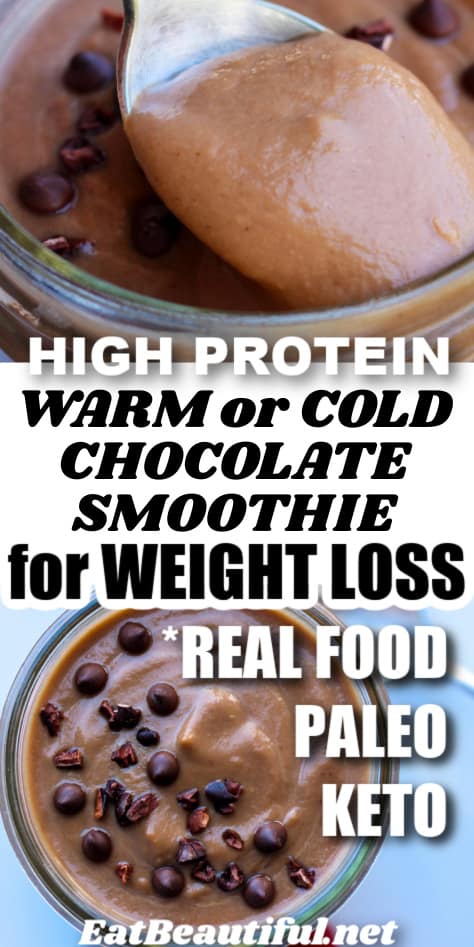2 images of chocolate smoothie with recipe title