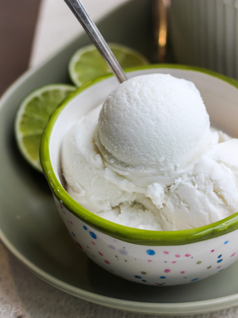 polka dot bowl filled with coconut lime ice cream and spoon