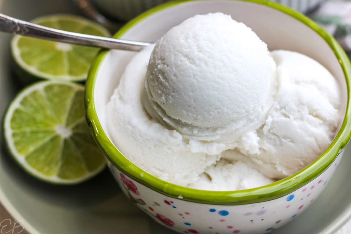 side angle view of scoops of Coconut Lime Ice Cream in bowl