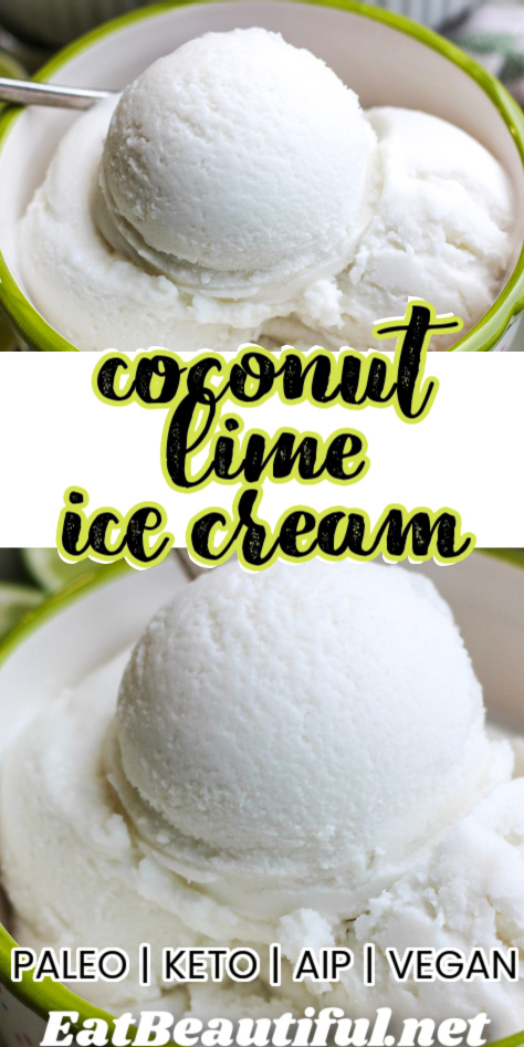 2 scoops of coconut lime ice cream with banner and recipe title