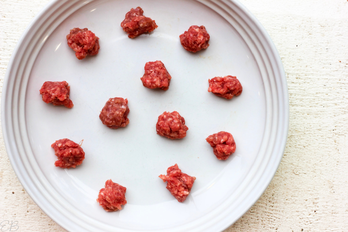 overhead view of piles of raw beef for cats