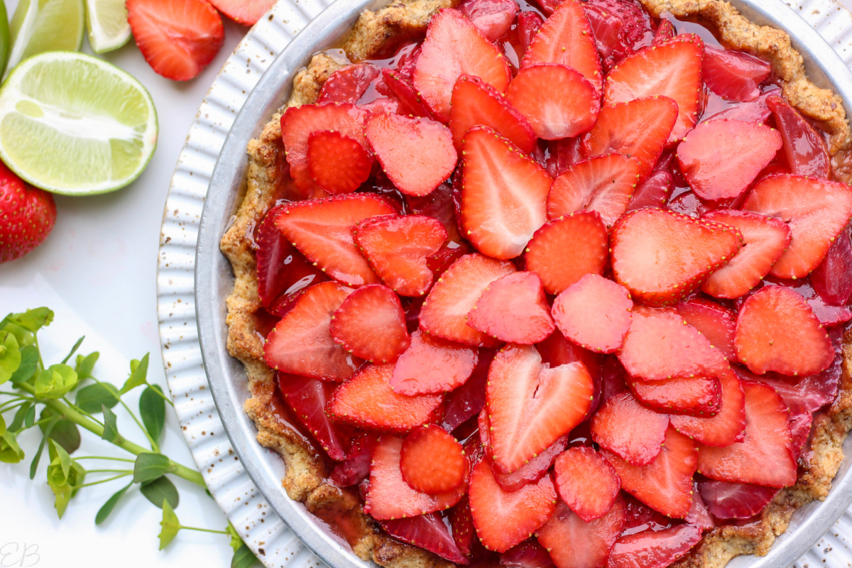 overhead view of strawberry coconut lime cream pie