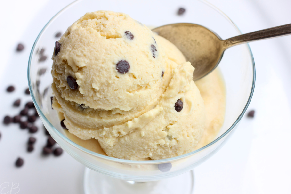 scoops of chickpea cookie dough ice cream with chocolate chips