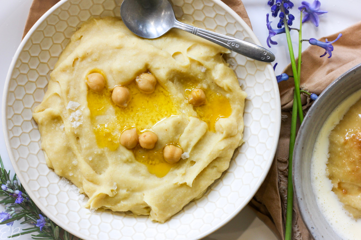 overhead view of chickpea masa polenta in white bowl