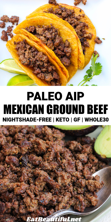 2 photos of AIP mexican ground beef, one with a spoon and one in tortillas