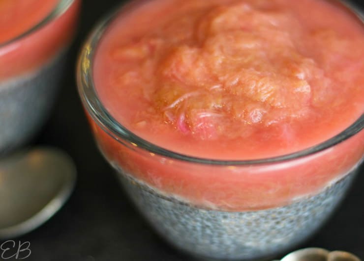 up close photo of rhubarb sauce on chia pudding