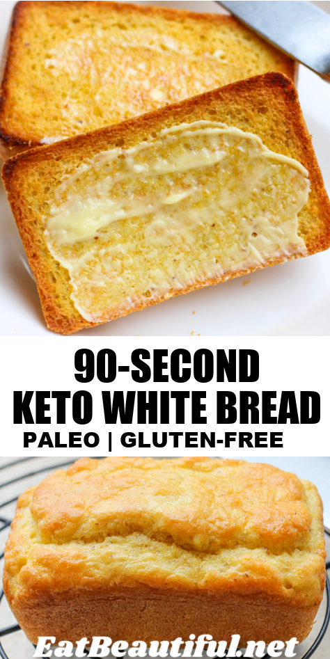 2 slices of 90 second keto white bread on a plate and the whole loaf in a second photo