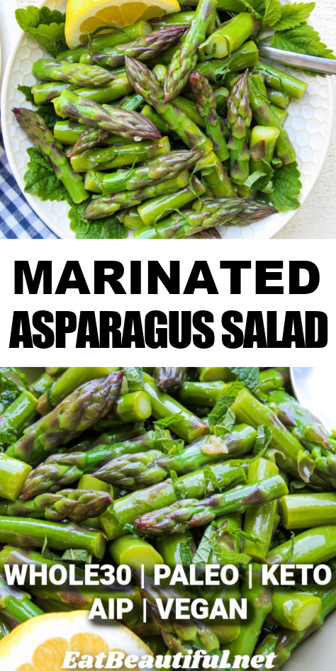 2 photos of marinated asparagus vinaigrette salad with recipe title