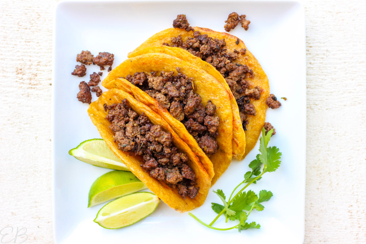 overhead view of AIP Mexican Ground Beef in taco shells