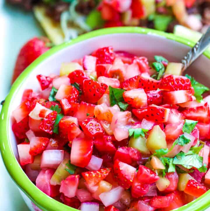 up close photo of strawberry nightshade-free salsa