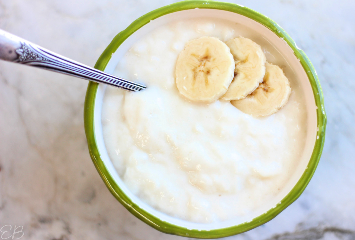 overhead view of homemade coconut milk yogurt with slices of banana
