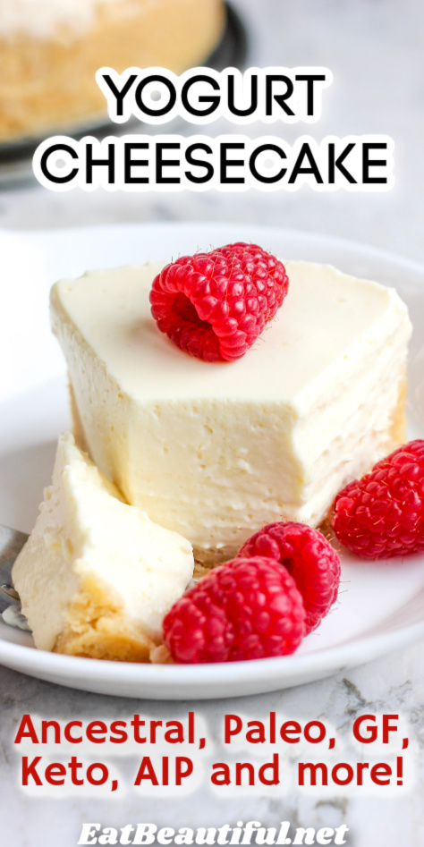 slice of yogurt cheesecake on plate with one bite on fork