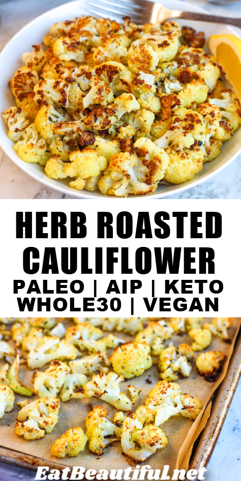 2 photos of herb roasted cauliflower with recipe title in the middle