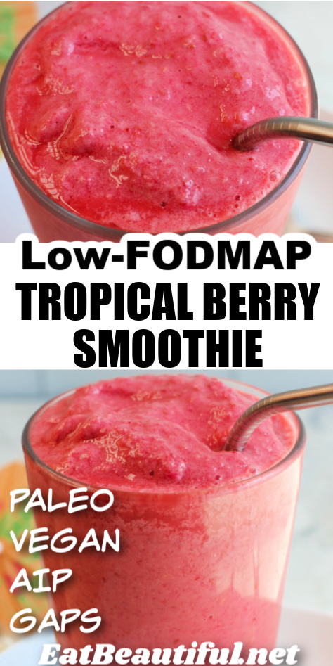 2 up close photos of low fodmap tropical berry smoothie with recipe title